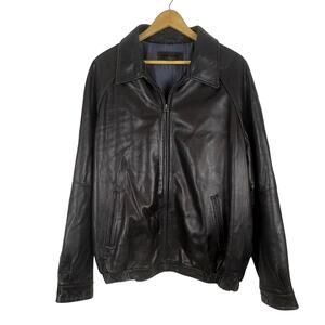 Van Heusen Leather Bomber Jacket Black Vintage Y2K 90s Zip Up Collared Mens XL